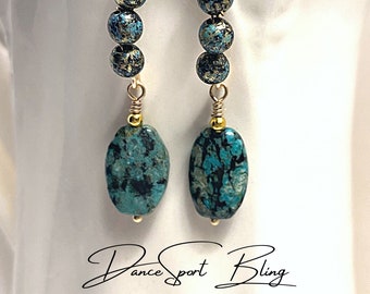 African Turquoise Wire Wrapped Earrings, Handmade Gold Filled  Earwires, Dangle Earrings, Gold Earrings, Dangle Earrings