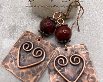 Handmade Artisan Copper Heart Earrings, Rustic Chic Earrings, Copper Dangle Earrings, Copper Jewelry, Hammered Copper Earrings