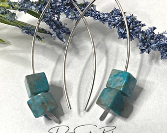 Sterling Silver Earrings with Turquoise Cube Beads, Dangle Statement Earrings, Gemstone Earrings, Contemporary Jewelry Simple, Chic Trendy