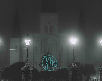 New Orleans, Louisiana,  Print, New Orleans Photograph, French Quarter Art, New Orleans Art, St. Louis Cathedral, Foggy, Black and White