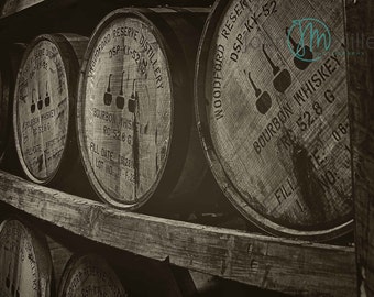 Bourbon Barrels: fine art photograph print of Kentucky Bourbon Whiskey with wood and metal (wall art, home decor, black and white)