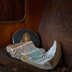 Fine art photography, Urban Decay, Abandoned Church, Wall Decor, Home Decor, Abandoned, Fine art print, Church, Pew, Bible, Old Bible