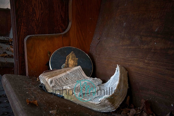 Fine art photography, Urban Decay, Abandoned Church, Wall Decor, Home Decor, Abandoned, Fine art print, Church, Pew, Bible, Old Bible