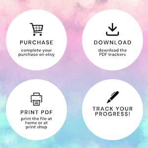 May include: Image with four white circles against a pastel background. Each circle contains a black icon and text: "PURCHASE", "DOWNLOAD", "PRINT PDF", and "TRACK YOUR PROGRESS!" The background has a watercolor effect.