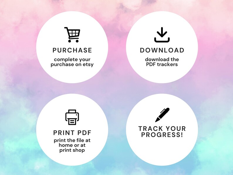 May include: Image with four white circles against a pastel background. Each circle contains a black icon and text: "PURCHASE", "DOWNLOAD", "PRINT PDF", and "TRACK YOUR PROGRESS!" The background has a watercolor effect.