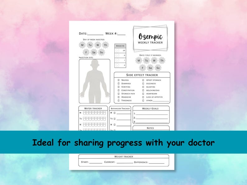 May include: A white, printable weekly tracker with the title "Ozempic Weekly Tracker." It includes sections for tracking side effects, water intake, bathroom visits, and weekly goals. The tracker also has a body diagram and a weight tracker.