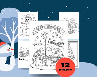 May include: A collection of 12-page holiday-themed coloring book pages. The black and white illustrations feature winter scenes with snowmen, polar bears, penguins, and Santa Claus. The text "HAPPY HOLIDAYS" is displayed on a banner.