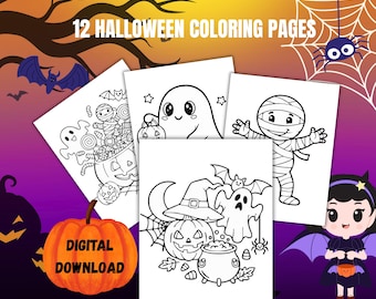Könnte beinhalten: Ein Set von 12 Halloween-Malvorlagen mit gruseligen Charakteren wie Mumien, Geistern, Hexen und Kürbissen. Der Text "Digitaler Download" ist auf einem orangefarbenen Kürbis zu sehen.