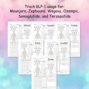 May include: White weekly tracker sheets for GLP-1 usage, including Mounjaro, Zepbound, Wegovy, Ozempic, Semaglutide, and Terzepatide. Each sheet features a body diagram and sections for tracking side effects and weekly goals. Text at the top reads: Track GLP-1 usage for...
