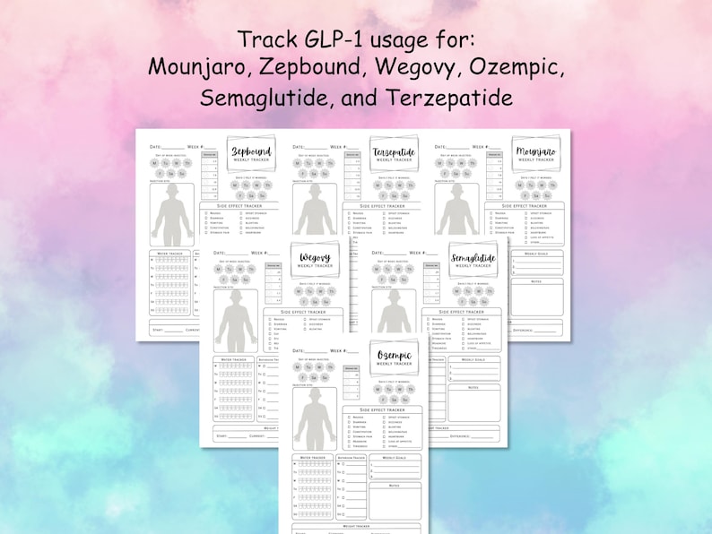May include: White weekly tracker sheets for GLP-1 usage, including Mounjaro, Zepbound, Wegovy, Ozempic, Semaglutide, and Terzepatide. Each sheet features a body diagram and sections for tracking side effects and weekly goals. Text at the top reads: Track GLP-1 usage for...