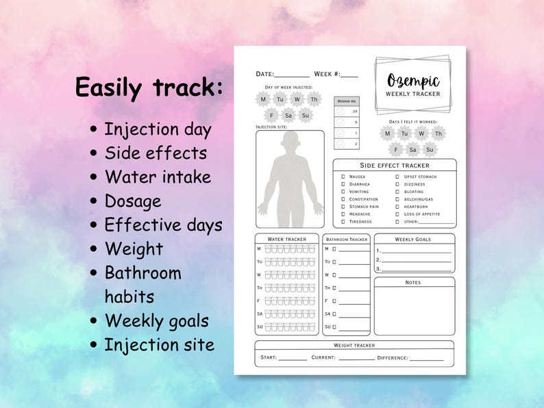 May include: A white, printed weekly tracker with the text "Ozempic Weekly Tracker". The tracker includes sections for injection day, side effects, water intake, dosage, weight, and weekly goals. The background is a gradient of pink and blue.