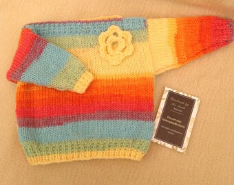 Aged 3-6 Months Multcoloured Rainbow Stripey Square Neck Jumper with Crochet Flower Detail