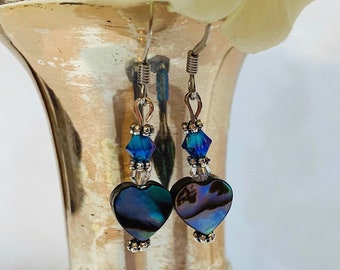 Tiny Abalone Heart and Swarovski Crystal Stainless Steel Earrings