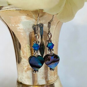 Tiny Abalone Heart and Swarovski Crystal Stainless Steel Earrings