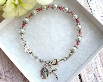 Saint Therese of Lisieux, White Pearl, Pink Swarovski Crystal, Miraculous Medal Rosary Bracelet