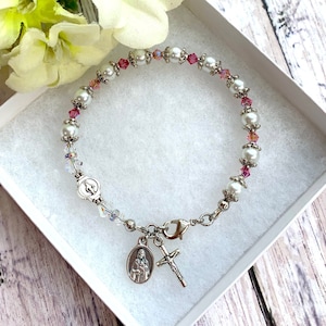 Saint Therese of Lisieux, White Pearl, Pink Swarovski Crystal, Miraculous Medal Rosary Bracelet