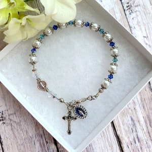 Miraculous Medal, Blue Swarovski Crystal, White Pearl, Blue Enamel Glitter Rosary Bracelet