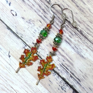 Hand Painted Oak Leaf Charm, Orange Swarovski Crystal, Fall Color Dangle Earrings