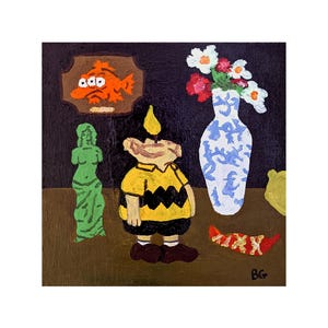 May include: A still life painting featuring a yellow and black cartoon character, a green statue, a white vase with flowers, a red chili pepper, and a framed orange fish with three eyes.