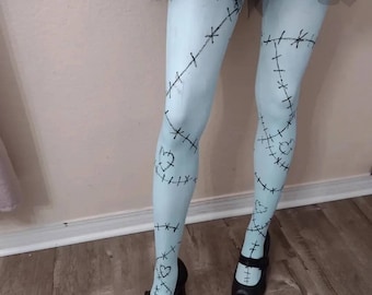 Custom made womens Sally inspired tights, blue tights with stitches, halloween tights with stitches, adult size Plus Queen