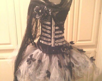 day of the dead corset dress Custom Size black feather Burlesque zombie day of the dead steampunk corset  dress with feather collar S-XL  Glamtastik