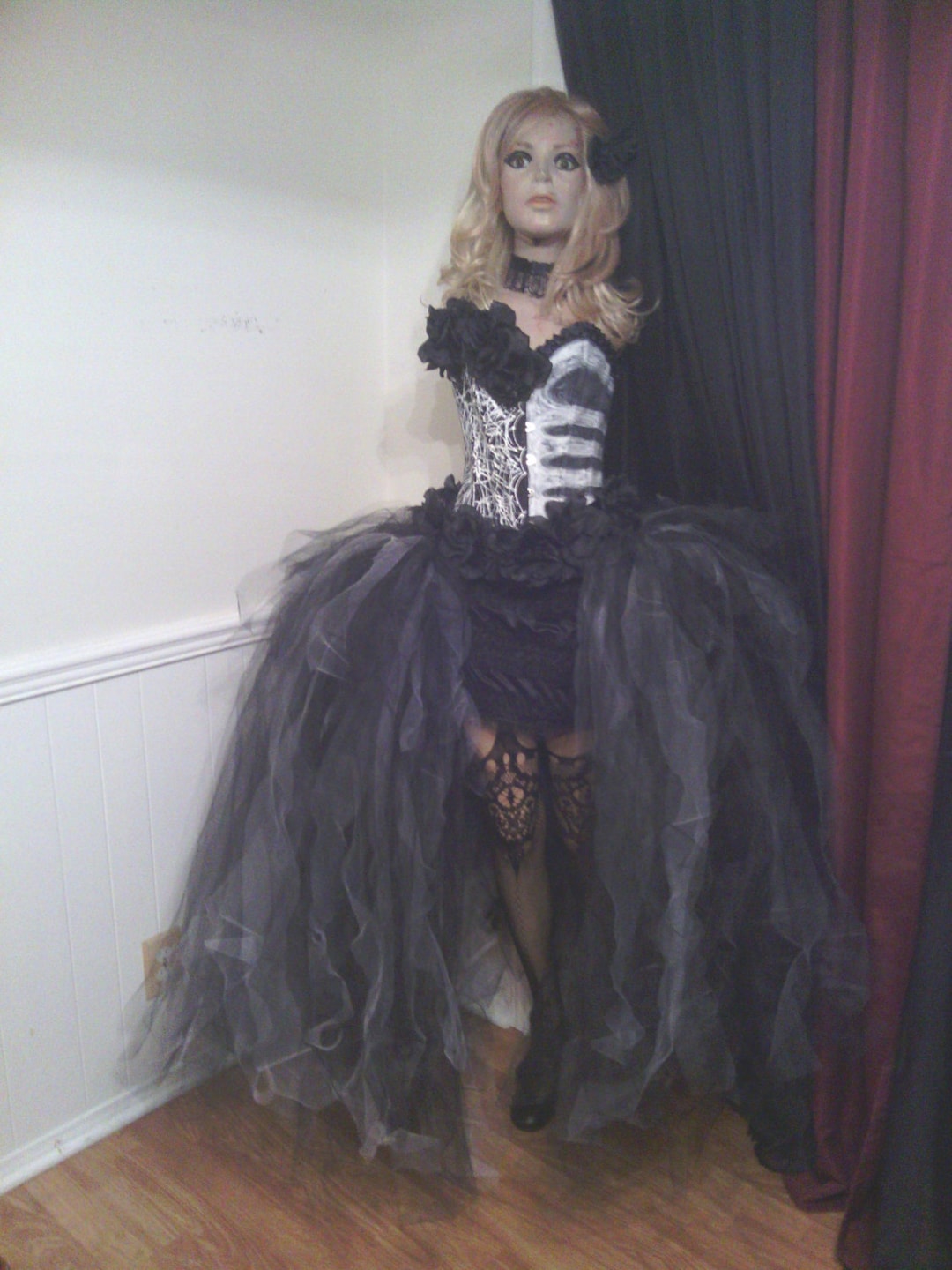 day of the dead corset dress Day of the Dead Sugar Skull Print Dress Halloween Zombie Bride Black and Purple Dress with Veil and Stockings
