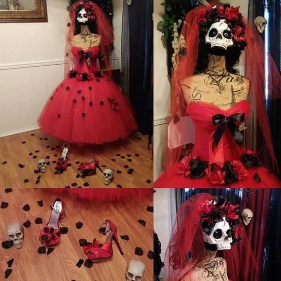 halloween themed homecoming dresses Custom made Red corset couture dress Day of the Dead inspired, Costumes for women, Rockabilly dress, Retro, Prom, dress, bridal masquerade dresses and masks