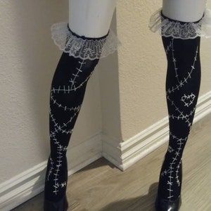 Dead doll gothic over knee socks black with stitches