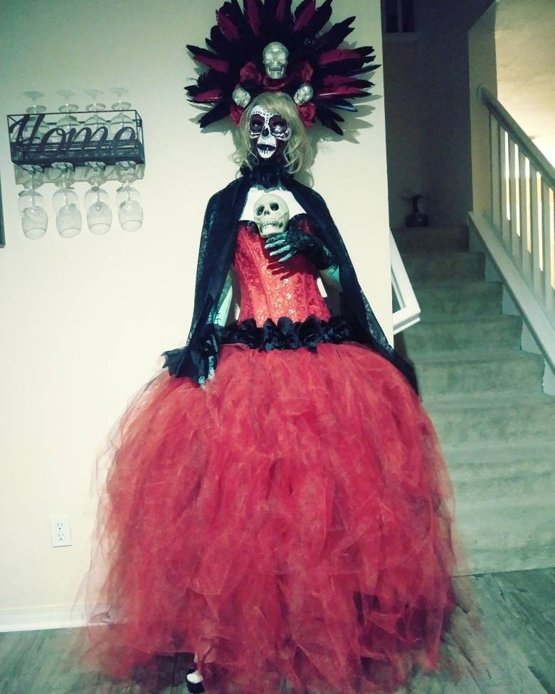 day of the dead corset dress Custom Size Black and Red Steampunk Burlesque corset with train prom day of  the dead witch costume dress  Glamtastik