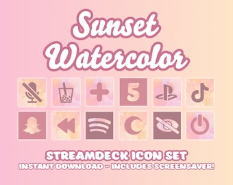 360+ Stream Deck Icon Set - Sunset Watercolor Pink Orange Yellow Elgato Streamdeck Icon pack for Twitch and Youtube