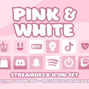 Op de afbeelding: Roze en witte Stream Deck-pictogramset met pictogrammen voor sociale media, streaming en andere veelvoorkomende toepassingen. De pictogrammen zijn in een rasterindeling met een roze achtergrond. De tekst "STREAMDECK ICON SET" staat onder de pictogrammen. De tekst "INSTANT DOWNLOAD - INCLUDES SCREENSAVER!" staat onder de tekst "STREAMDECK ICON SET".