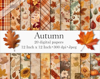 May include: A collection of 20 digital papers featuring autumn themes with pumpkins, sunflowers, acorns, and fall leaves in orange, brown, and cream tones. The text reads Autumn, 20 digital papers, 12 Inch x 12 Inch, 300 dpi, Jpeg.