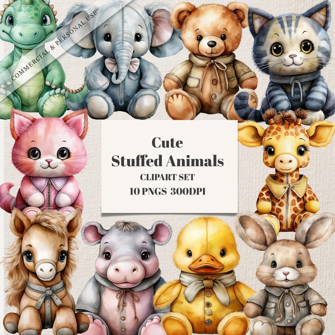 Watercolor Stuffed Animal Clipart: Soft Toy Illustrations (digital ...