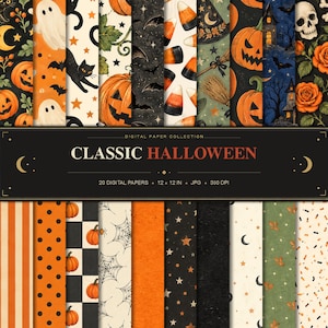 Pode incluir: Uma coleção de papel digital intitulada CLASSIC HALLOWEEN com 20 papéis digitais, 30,48 x 30,48 cm, JPG, 300 DPI. Os padrões incluem fantasmas, gatos pretos, abóboras, doces de milho, chapéus de bruxa, vassouras, casas assombradas, caveiras e rosas.