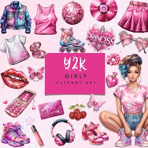 Könnte beinhalten: Eine Sammlung von Y2K-Girly-Cliparts in Pinktönen. Enthält eine Jeansjacke, ein Tanktop, eine Discokugel, einen Rollschuh, einen Rock, ein T-Shirt, Make-up, Lippen, Schmetterlinge, ein Handy, eine Kreditkarte, Kirschen, Kopfhörer, Parfüm, Schuhe und ein Mädchen.