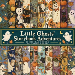 May include: A digital paper collection titled Little Ghosts' Storybook Adventures featuring 20 sheets with illustrations of ghosts, black cats, pumpkins, owls, and autumn leaves in a 12 x 12 inches format at 300 DPI for creative projects.