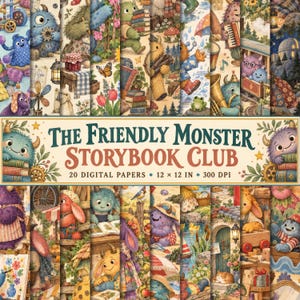 Peut inclure: Une collection de papiers numériques intitulée The Friendly Monster Storybook Club comprenant 20 feuilles de 30,48 x 30,48 cm. Les motifs illustrent divers monstres colorés et poilus dans des décors extérieurs et intérieurs avec des livres.
