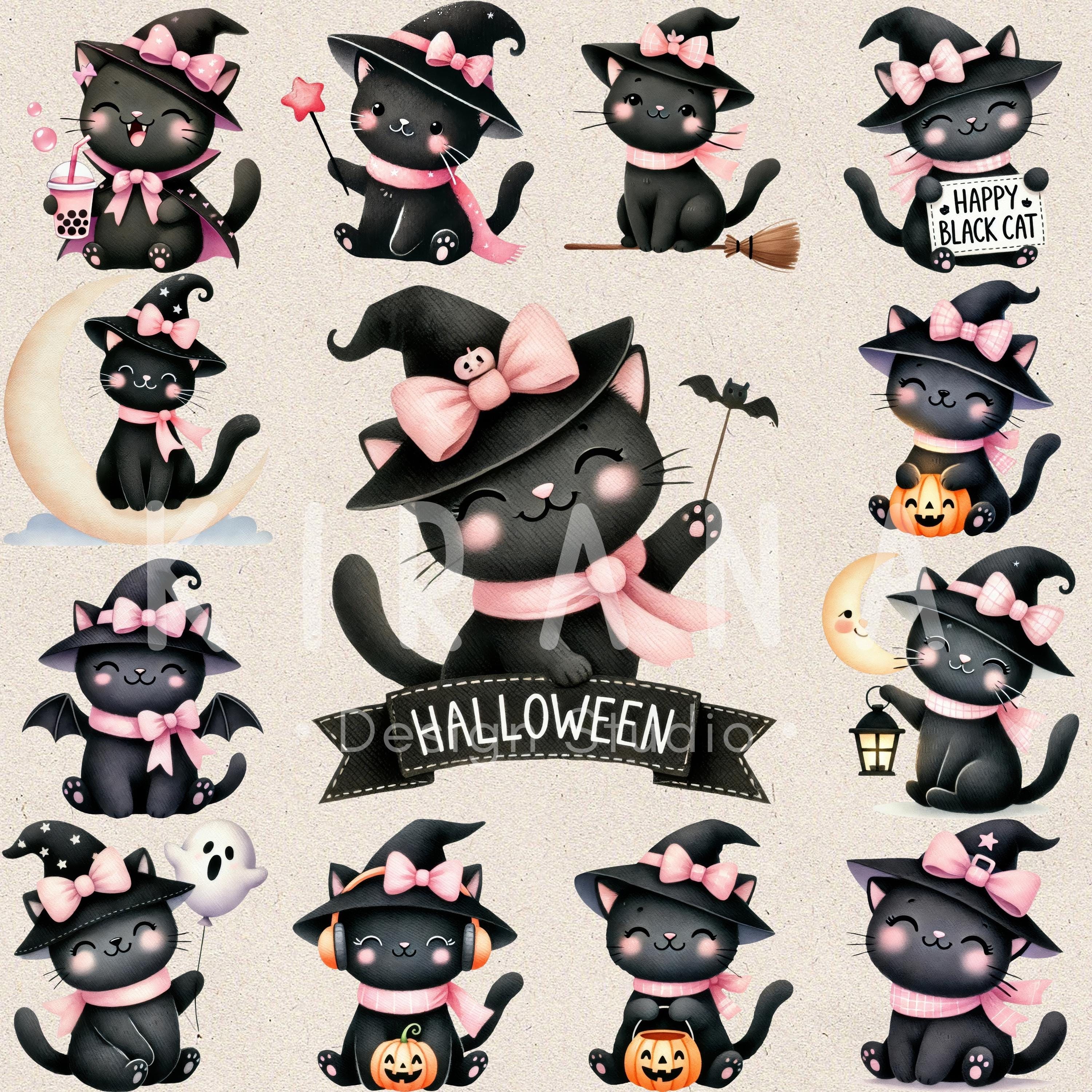 29 Black Cat Watercolor Clipart Set | Cute Halloween Witch Cats ...
