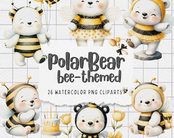 Polar Bear Bee Watercolor Cliparts: 26 PNG Graphics (Instant Download)
