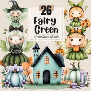 Conjunto de 26 imágenes prediseñadas de hadas verdes / Hadas y brujas de Halloween / Descarga digital
