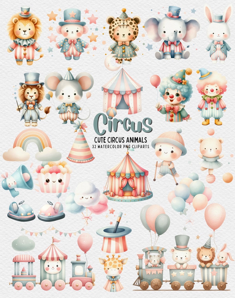 Circus Watercolor Clipart PNG - Adorable Animals and Cheerful Elements ...