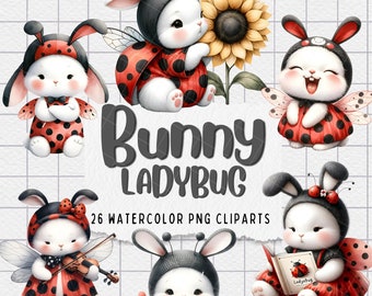 Ladybug Bunny Watercolor Clipart: 26 PNG Images (Digital Download)