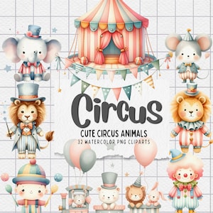 Circus Watercolor Clipart PNG - Adorable Animals and Cheerful Elements for Party Invitations and Decor