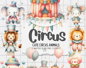 Circus Watercolor Clipart PNG - Adorable Animals and Cheerful Elements for Party Invitations and Decor