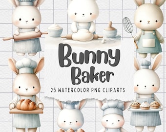 Bunny Baker Cliparts: Watercolor Kitchen PNG Set (Digital Download)