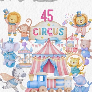 Circus Watercolor Clipart PNG - Adorable Animals and Cheerful Elements for Party Invitations and Decor