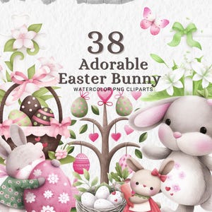 Adorable Easter BunnyClipart Set - 38 Whimsical PNG Images for Springtime Crafts, Cute Bunny Easter minimal
