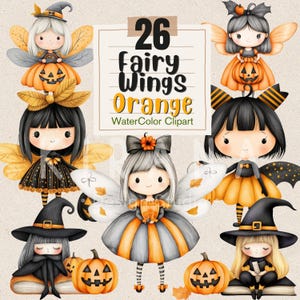Conjunto de 26 imágenes prediseñadas de alas de hadas de color naranja / Hadas y brujas de Halloween / Descarga digital
