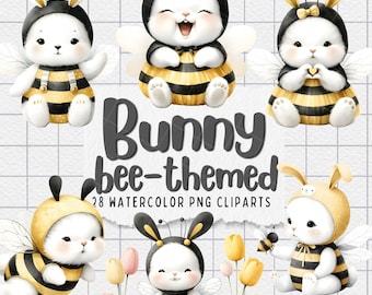Bunny Bee-Themed Watercolor Clipart - Cute Bumblebee Rabbit Illustrations - Digital Download PNG