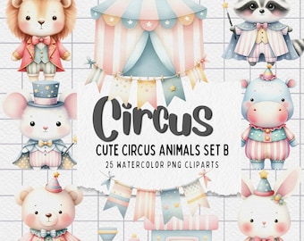 Circus Watercolor Clipart PNG Set B - Adorable Animals and Cheerful Elements for Party Invitations and Decor